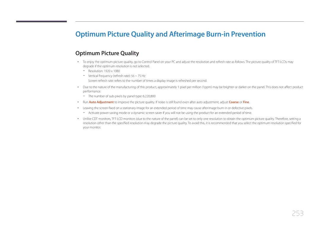 Samsung LH75MECPLGC/UE, LH75MECPLGC/EN, LH75MECPLGC/NG manual Optimum Picture Quality and Afterimage Burn-in Prevention, 253 