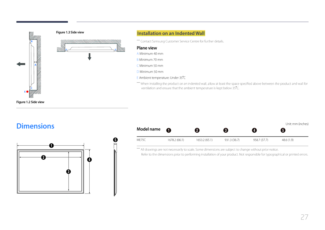 Samsung LH75MECPLGC/XY, LH75MECPLGC/EN, LH75MECPLGC/UE Dimensions, Installation on an Indented Wall, Plane view, Model name 