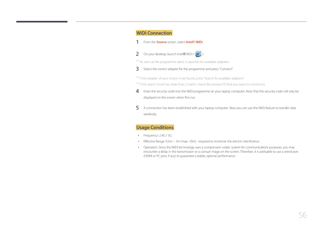 Samsung LH75MECPLGC/EN, LH75MECPLGC/UE, LH75MECPLGC/NG, LH75MECPLGC/XY manual WiDi Connection, Usage Conditions 