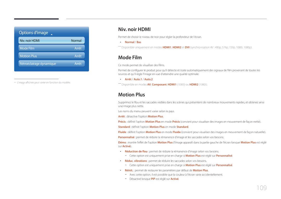 Samsung LH75MECPLGC/EN manual 109, Niv. noir Hdmi, Mode Film, Motion Plus 