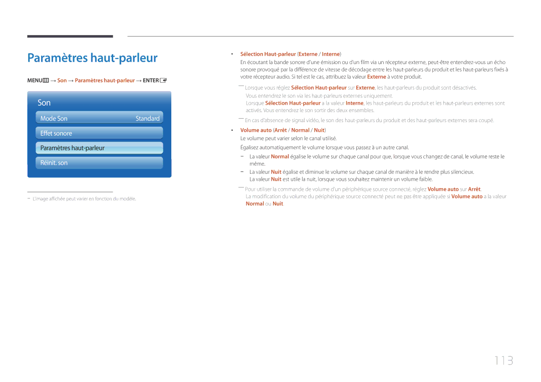 Samsung LH75MECPLGC/EN 113, MENUm → Son → Paramètres haut-parleur → Entere, Sélection Haut-parleur Externe / Interne 
