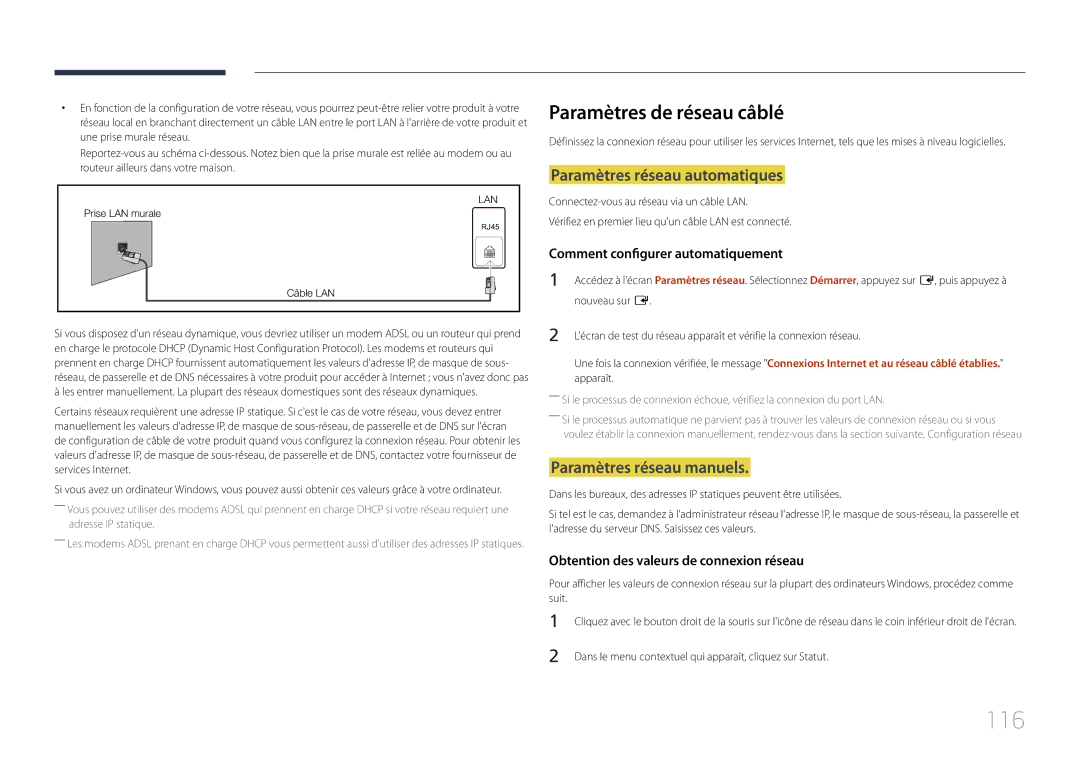 Samsung LH75MECPLGC/EN manual 116, Paramètres de réseau câblé, Paramètres réseau automatiques, Paramètres réseau manuels 