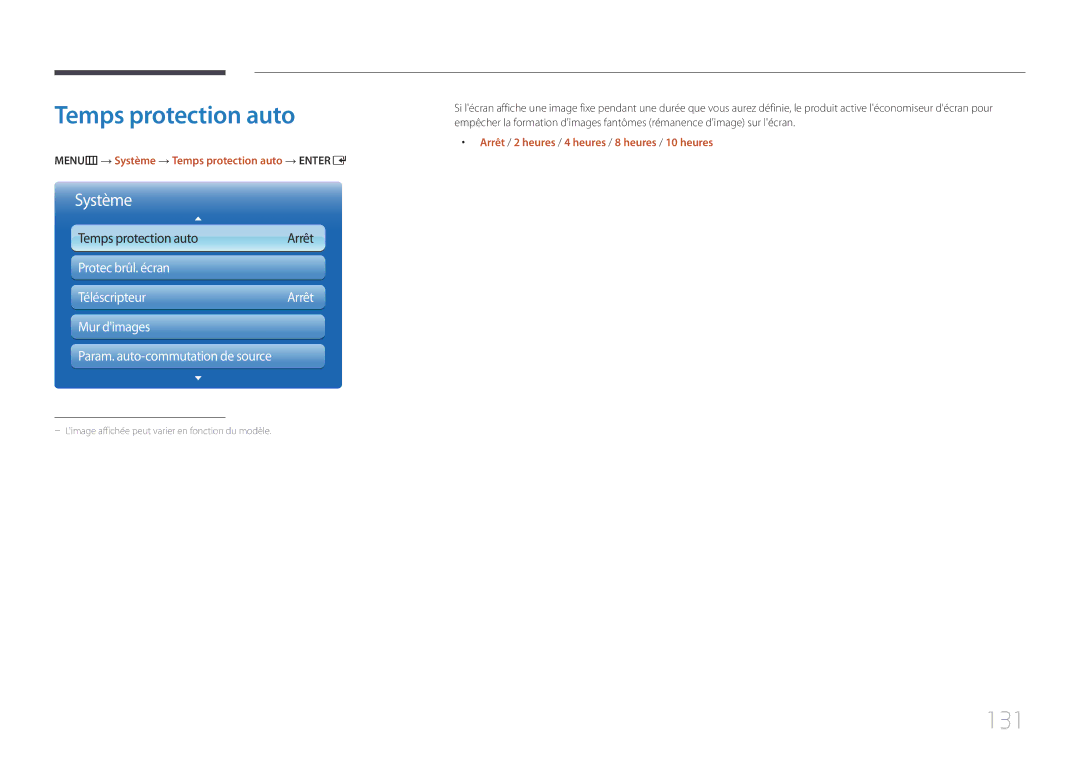 Samsung LH75MECPLGC/EN manual 131, MENUm → Système → Temps protection auto → Entere 