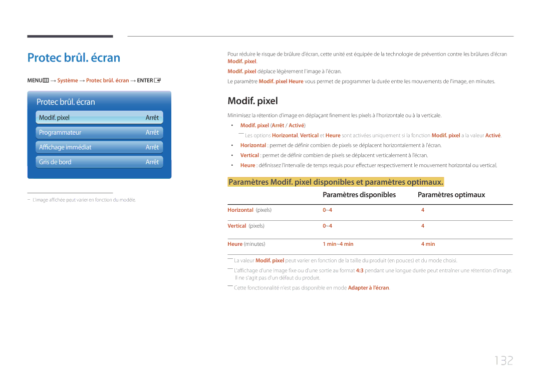Samsung LH75MECPLGC/EN manual Protec brûl. écran, 132, Paramètres Modif. pixel disponibles et paramètres optimaux 