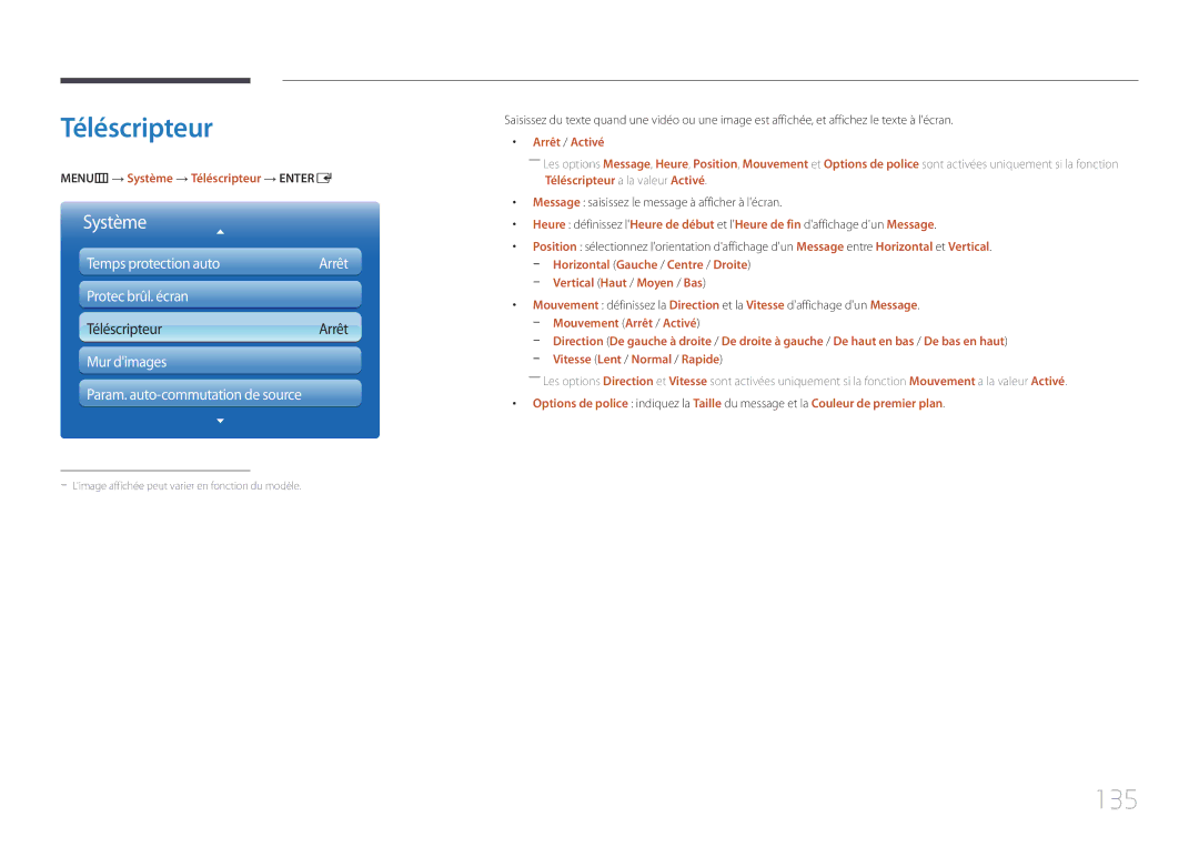 Samsung LH75MECPLGC/EN manual 135, MENUm → Système → Téléscripteur → Entere, Vertical Haut / Moyen / Bas 