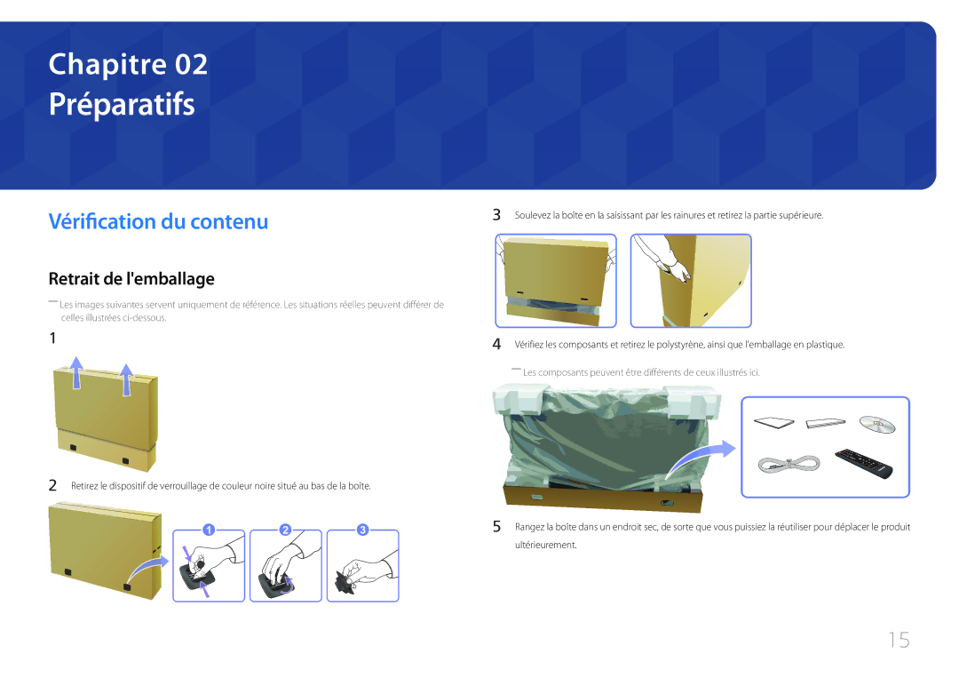 Samsung LH75MECPLGC/EN manual Préparatifs, Vérification du contenu, Retrait de lemballage 