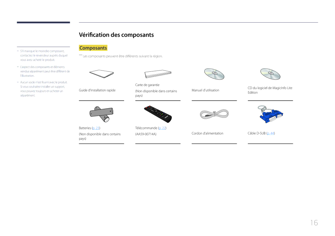 Samsung LH75MECPLGC/EN manual Vérification des composants, Composants, Carte de garantie 