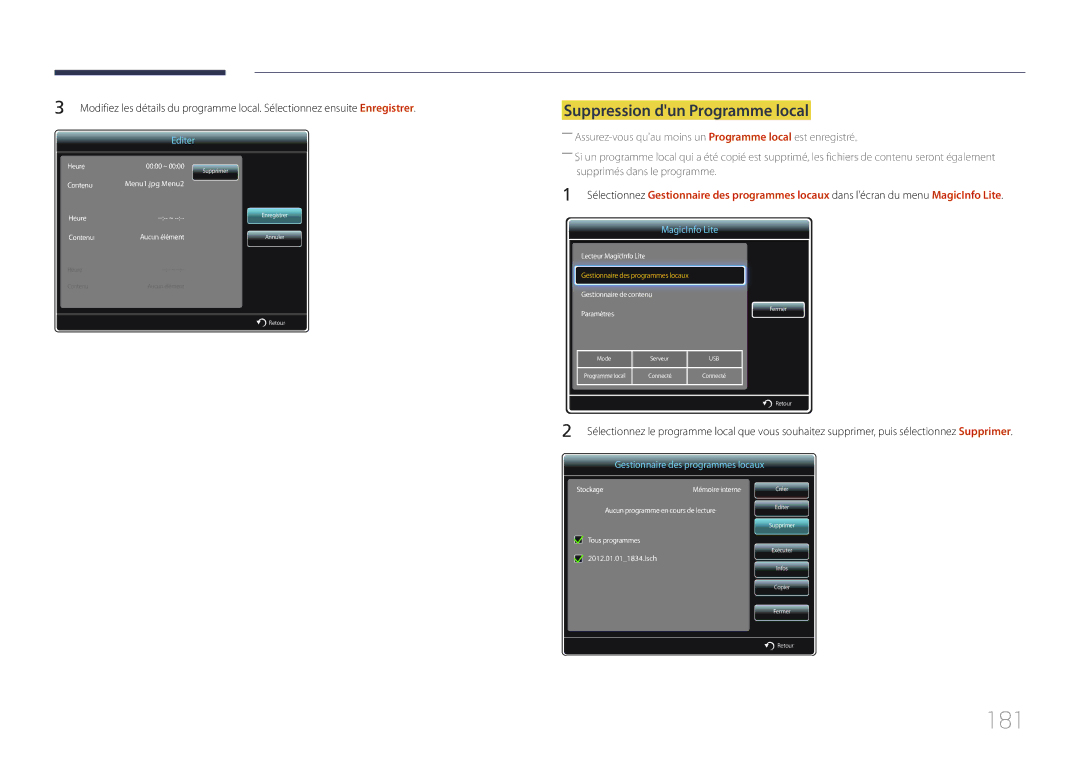 Samsung LH75MECPLGC/EN manual 181, Suppression dun Programme local 