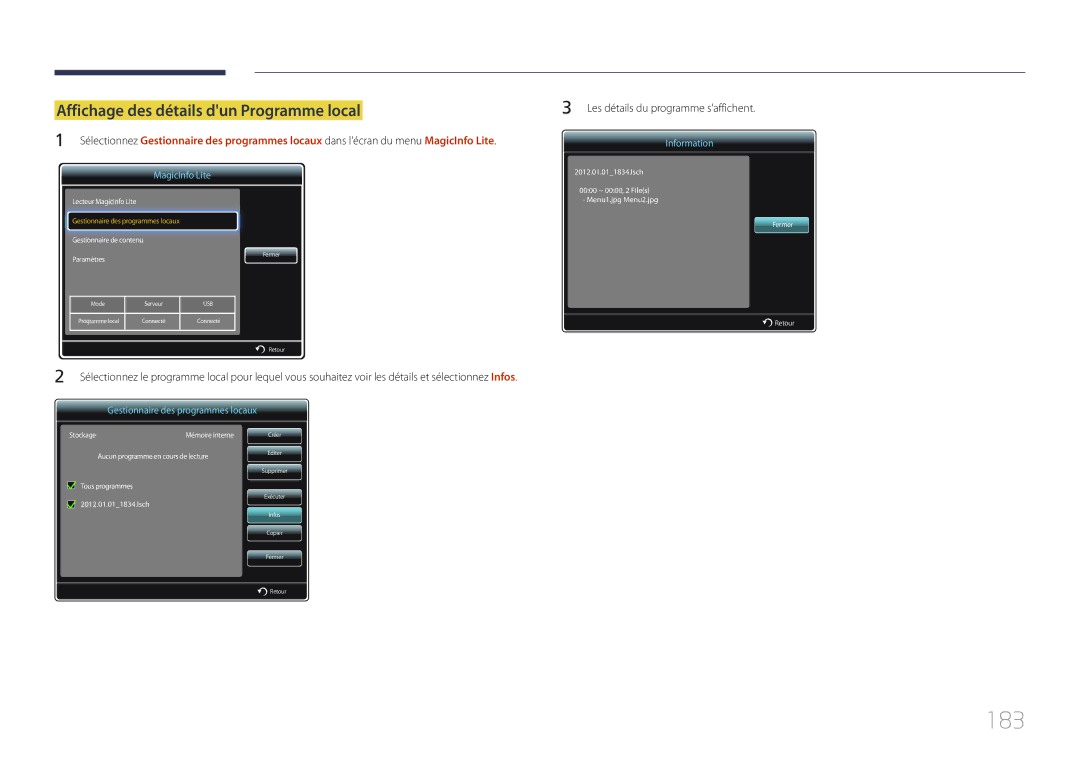 Samsung LH75MECPLGC/EN manual 183, Affichage des détails dun Programme local, Les détails du programme saffichent 