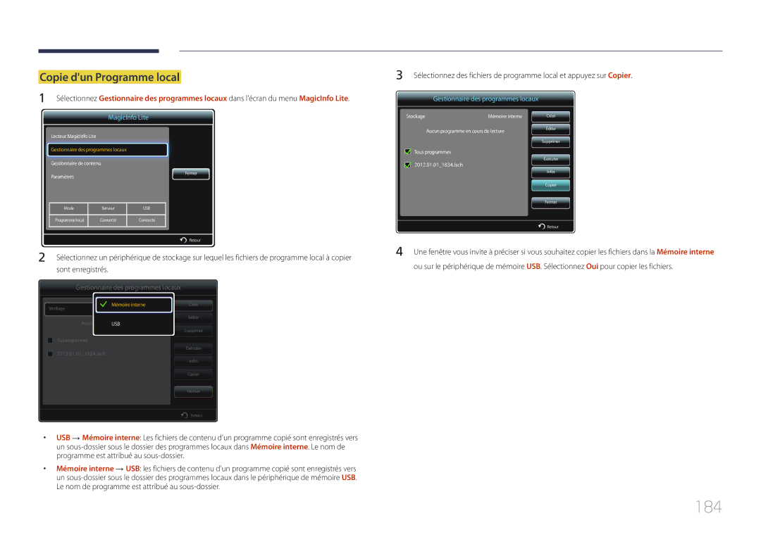 Samsung LH75MECPLGC/EN manual 184, Copie dun Programme local, Sont enregistrés 