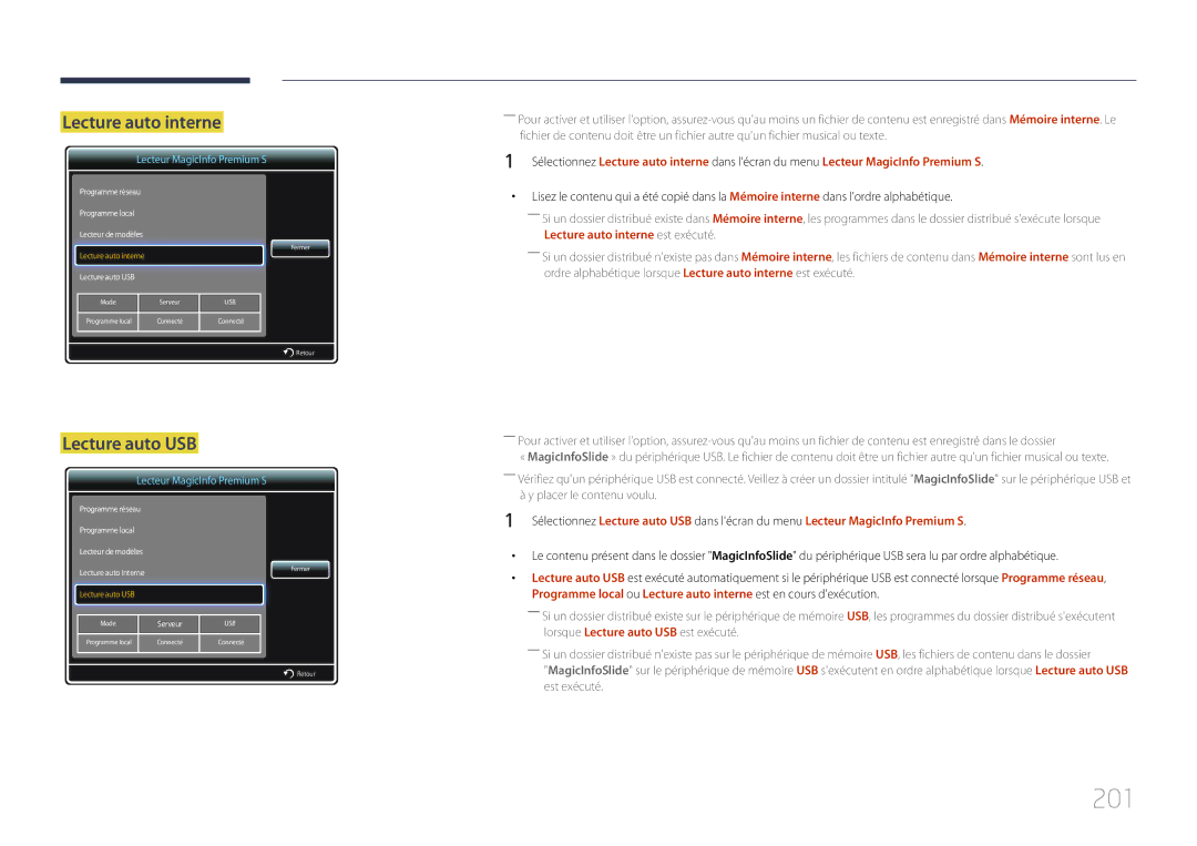 Samsung LH75MECPLGC/EN manual 201, Lecture auto interne 