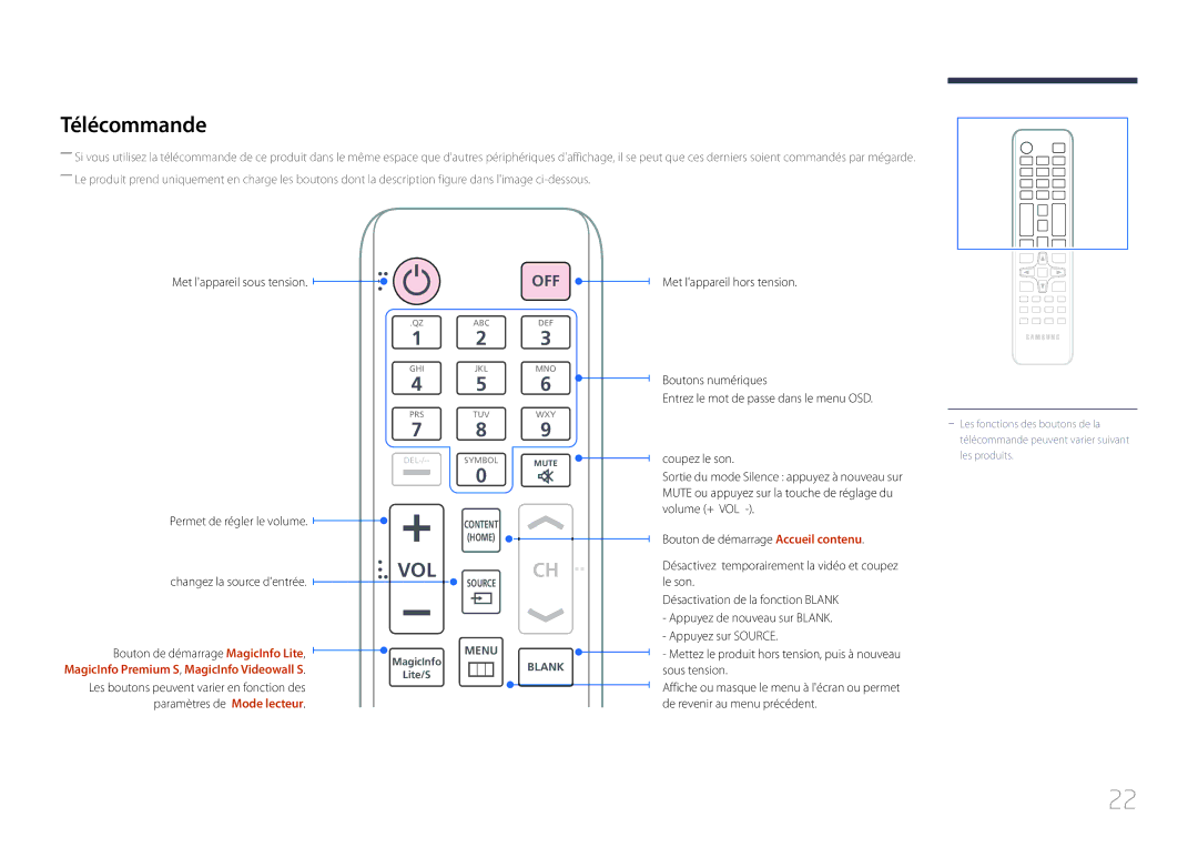 Samsung LH75MECPLGC/EN manual Télécommande, Met lappareil hors tension Permet de régler le volume 