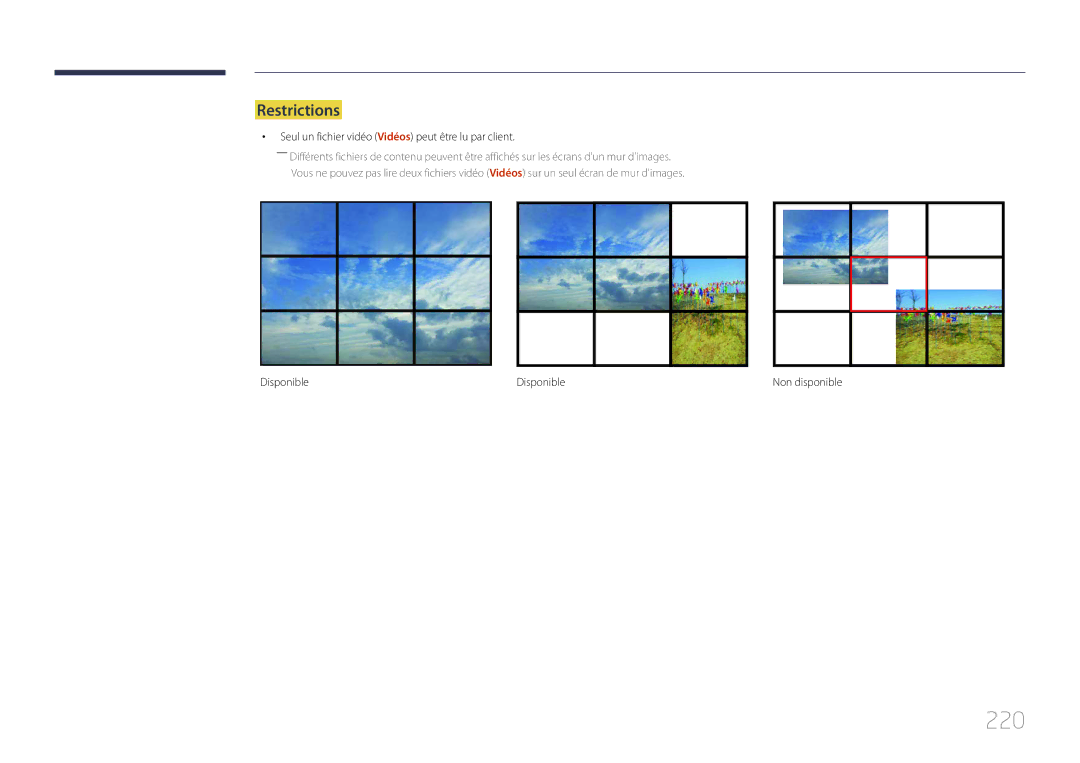 Samsung LH75MECPLGC/EN manual 220, Restrictions, Seul un fichier vidéo Vidéos peut être lu par client, Disponible 