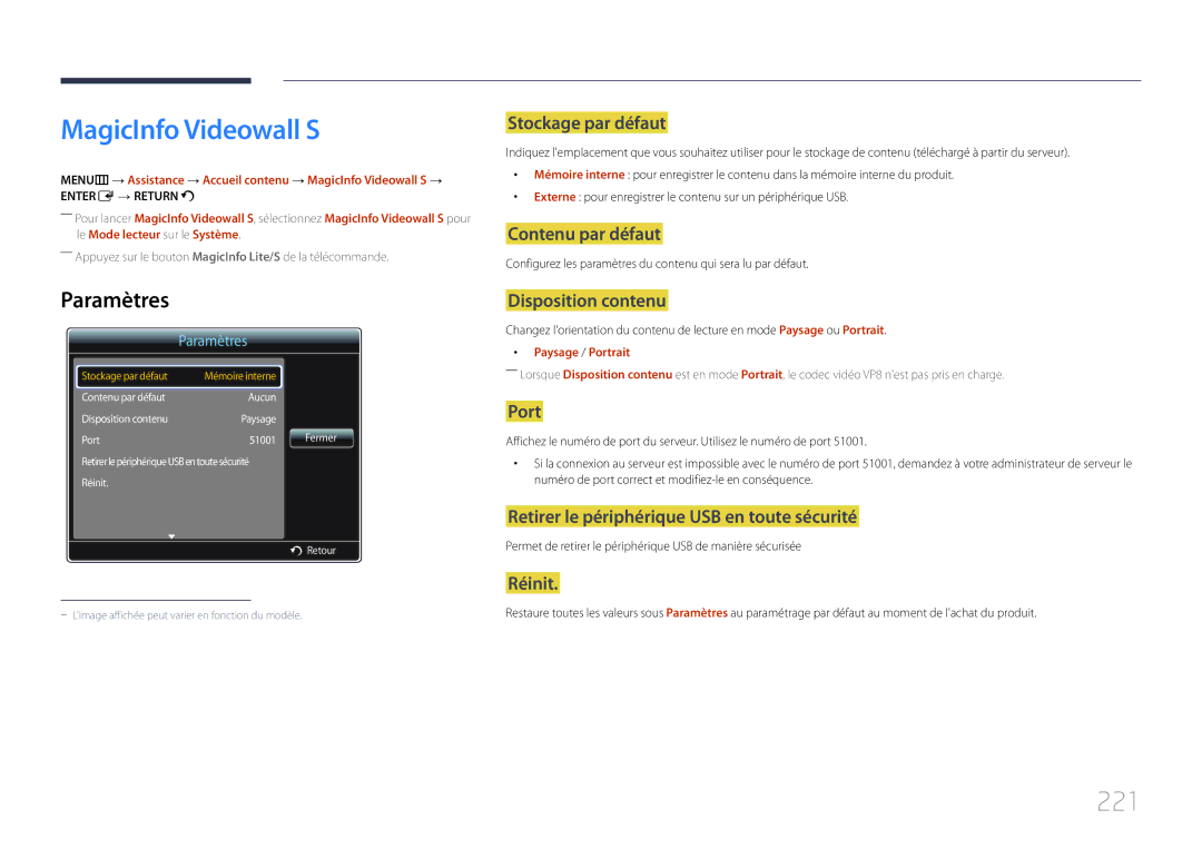 Samsung LH75MECPLGC/EN manual MagicInfo Videowall S, 221, Stockage par défaut, Port 