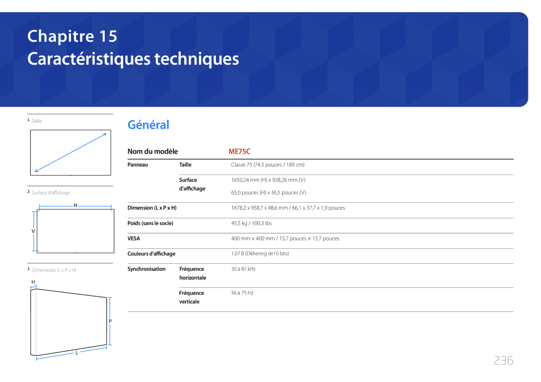 Samsung LH75MECPLGC/EN manual Caractéristiques techniques, 236 