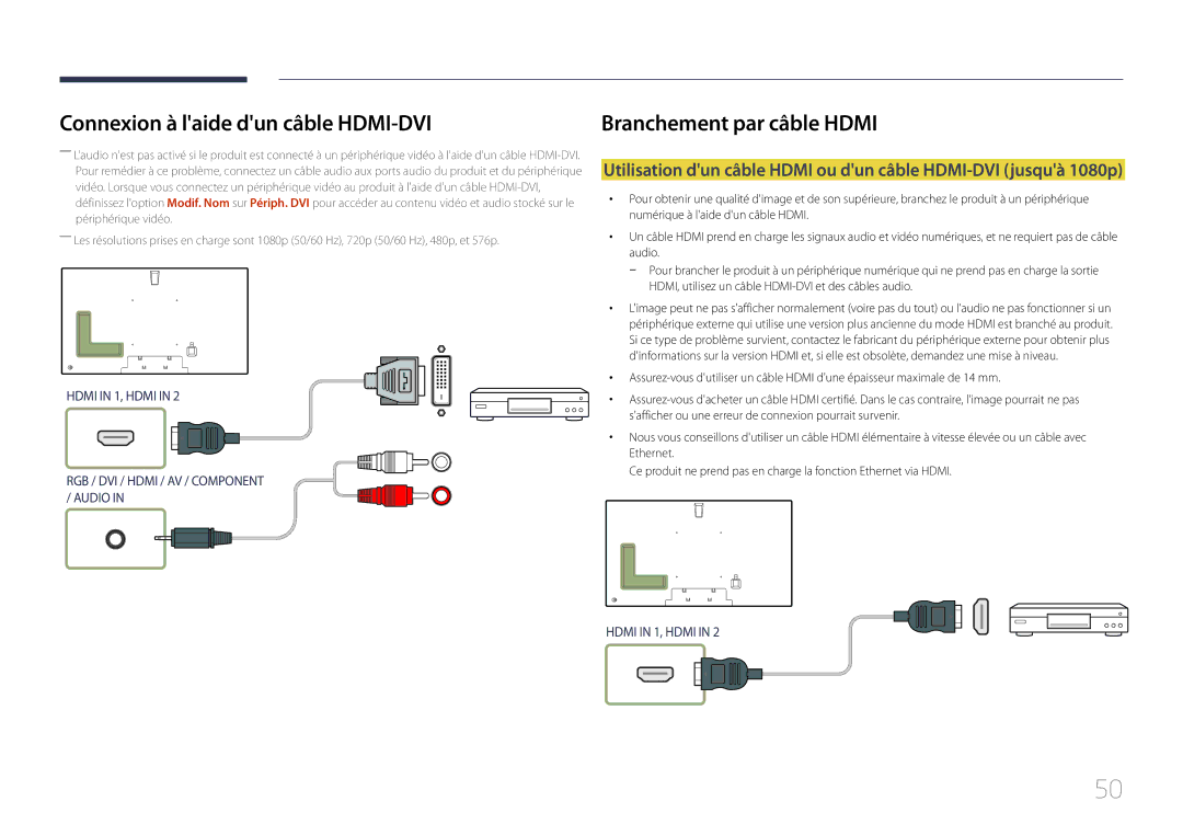 Samsung LH75MECPLGC/EN manual Connexion à laide dun câble HDMI-DVI, Branchement par câble Hdmi 