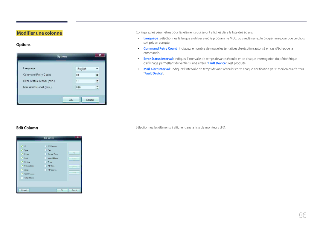 Samsung LH75MECPLGC/EN manual Modifier une colonne, Options Edit Column 