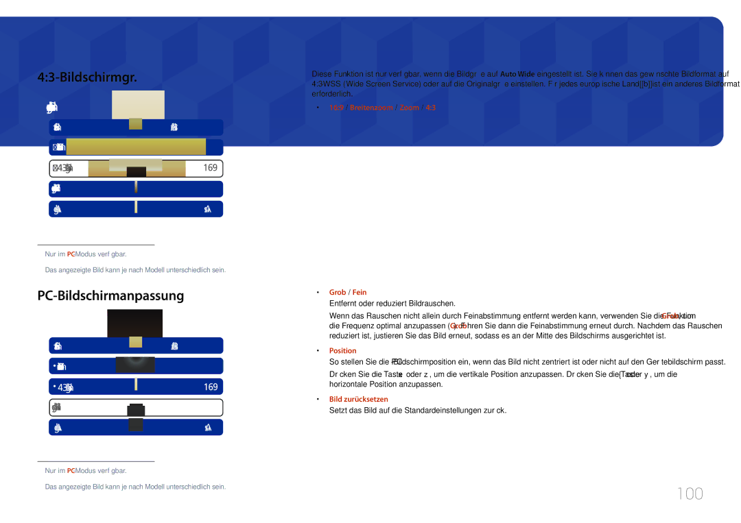 Samsung LH75MECPLGC/EN manual 100, Bildschirmgr, PC-Bildschirmanpassung 
