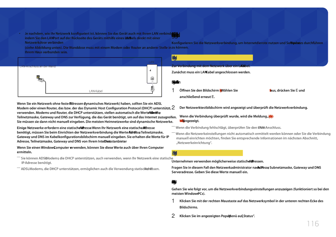 Samsung LH75MECPLGC/EN manual 116, Einstellungen für kabelgebundene Netzwerke, Automatisch Netzwerkeinstellungen 