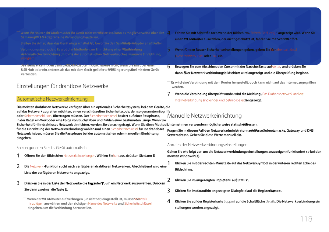 Samsung LH75MECPLGC/EN manual 118, Einstellungen für drahtlose Netzwerke, Manuelle Netzwerkeinrichtung 