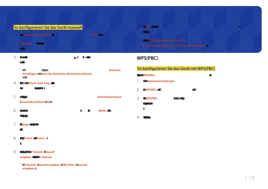 Samsung LH75MECPLGC/EN manual 119, So konfigurieren Sie das Gerät manuell, So konfigurieren Sie das Gerät mit Wpspbc, Her 