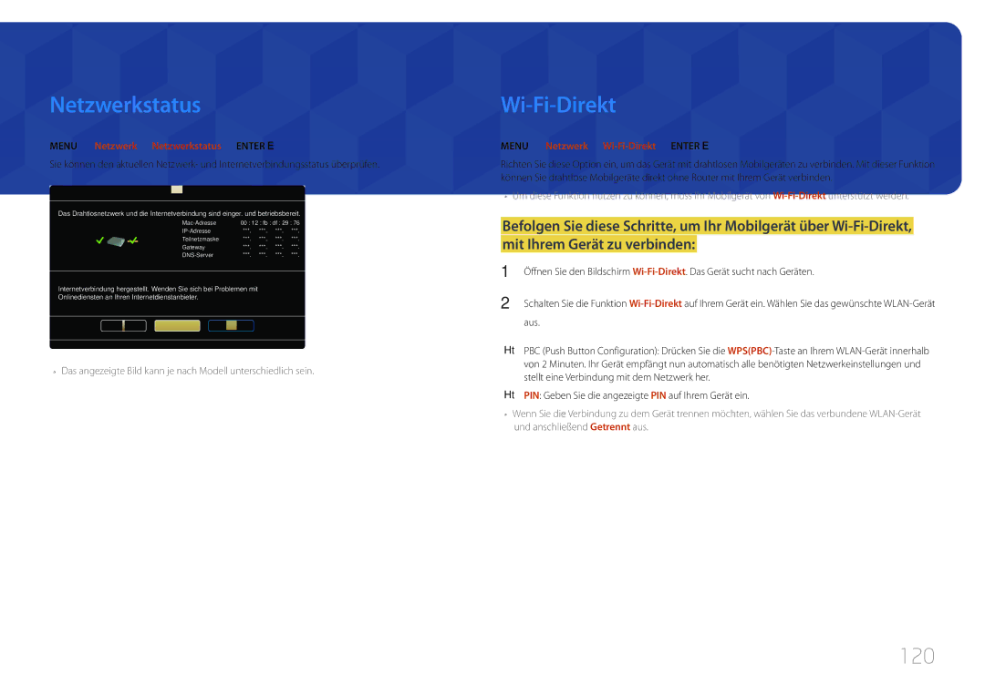Samsung LH75MECPLGC/EN manual Wi-Fi-Direkt, 120, Menu m → Netzwerk → Netzwerkstatus → Enter E 