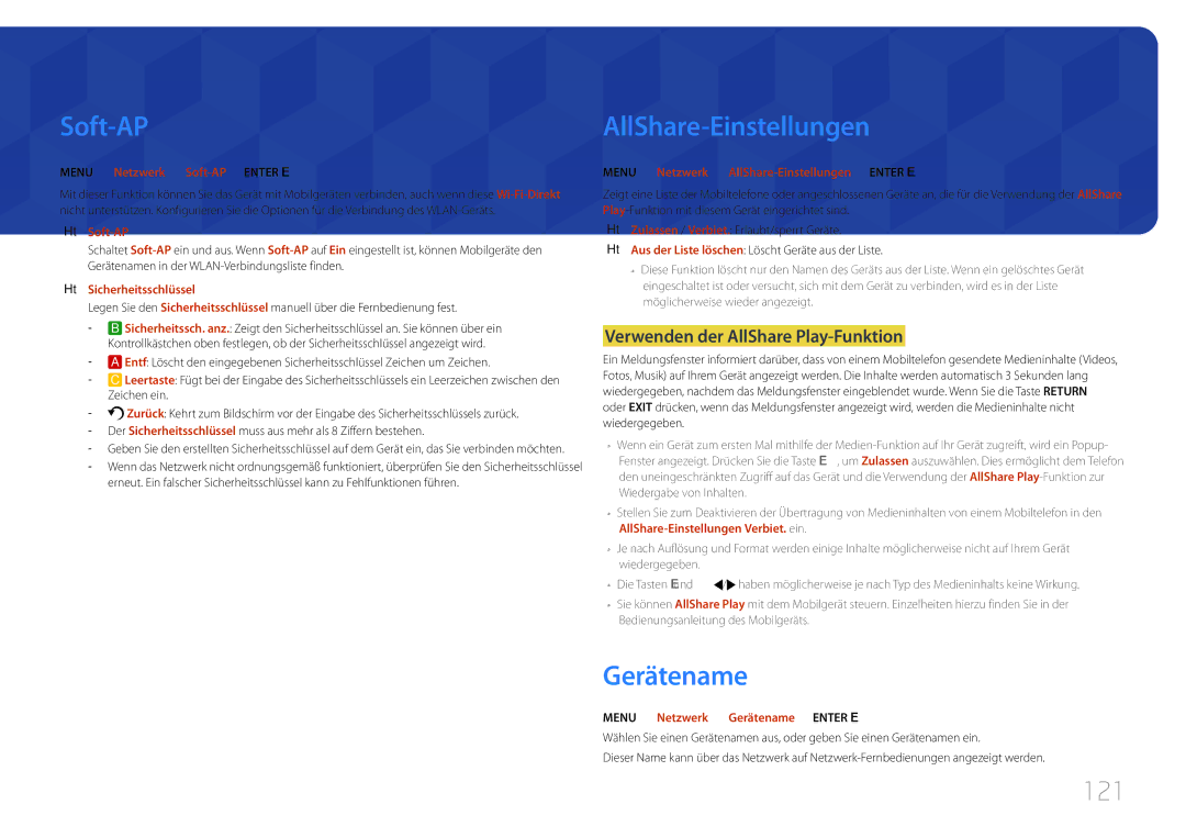Samsung LH75MECPLGC/EN manual Soft-AP, Gerätename, 121, Verwenden der AllShare Play-Funktion 
