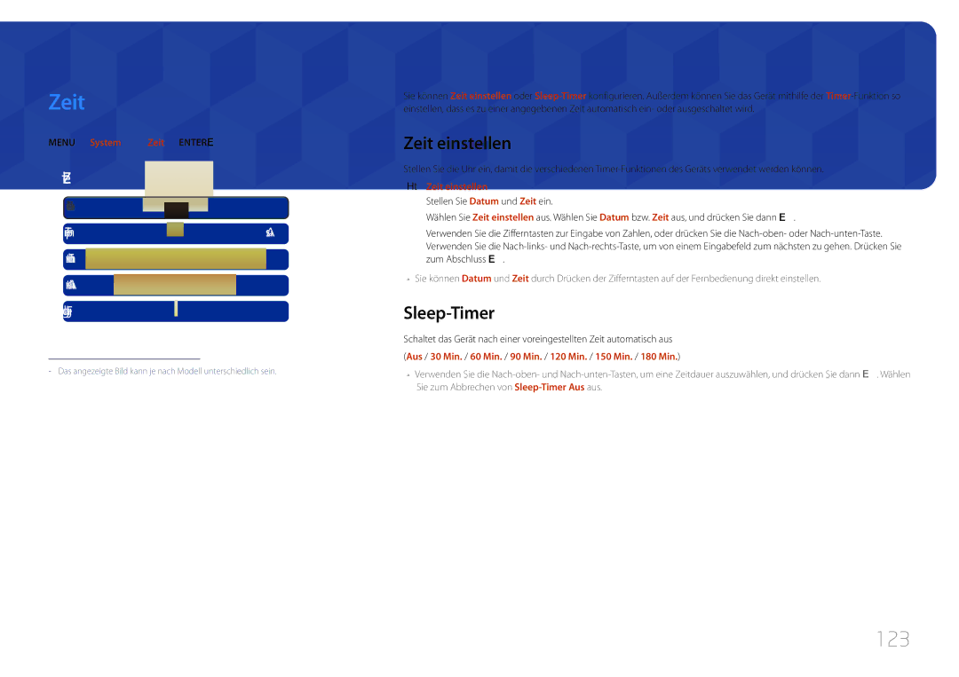 Samsung LH75MECPLGC/EN manual 123, Zeit einstellen, Sleep-Timer 
