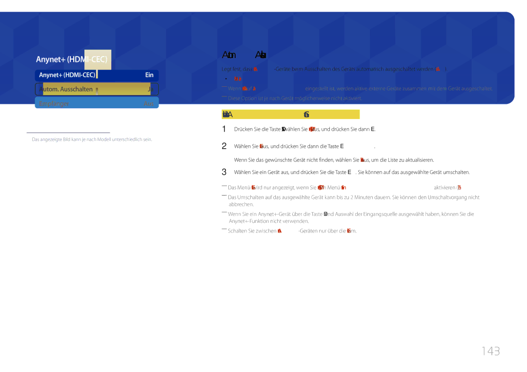 Samsung LH75MECPLGC/EN manual 143, Autom. Ausschalten, Umschalten zwischen Anynet+-Geräten, Nein / Ja 