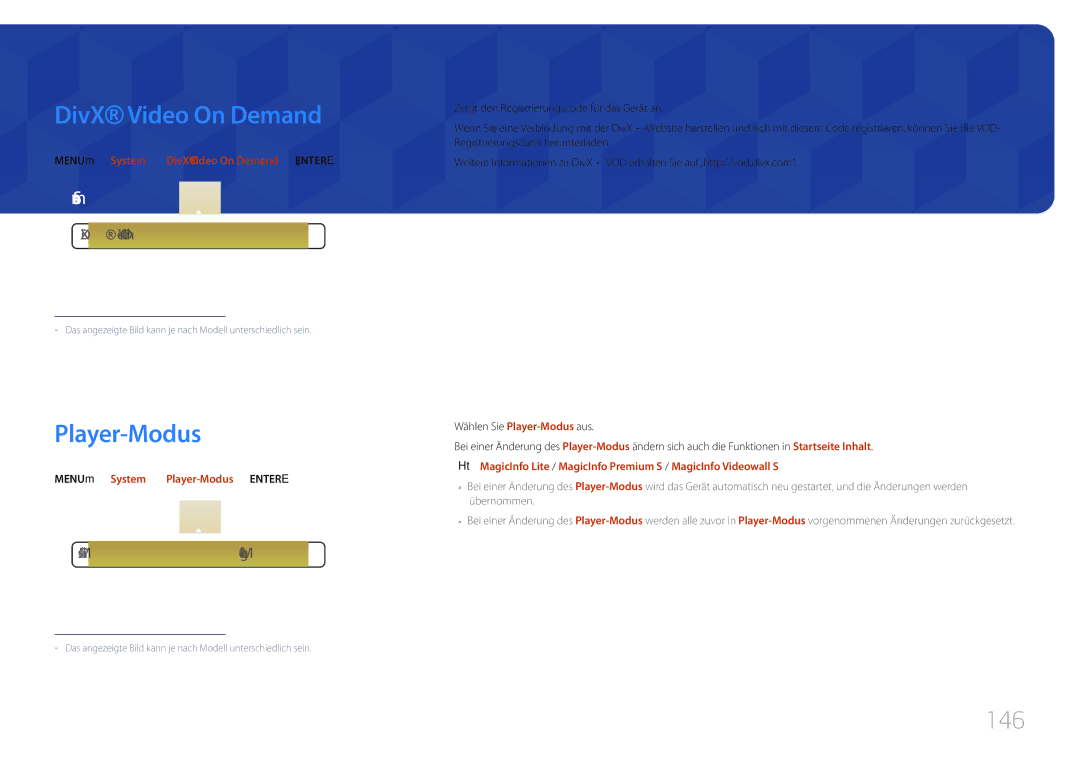 Samsung LH75MECPLGC/EN manual Player-Modus, 146, MENUm → System → DivX Video On Demand → Entere 