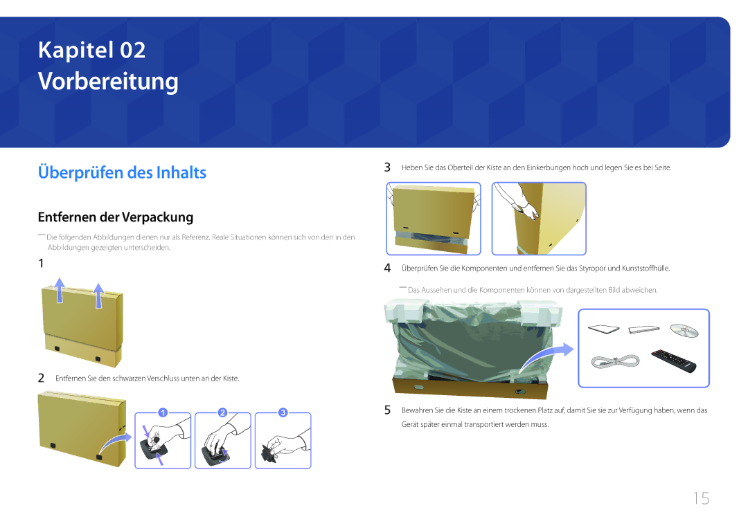 Samsung LH75MECPLGC/EN manual Vorbereitung, Überprüfen des Inhalts, Entfernen der Verpackung 