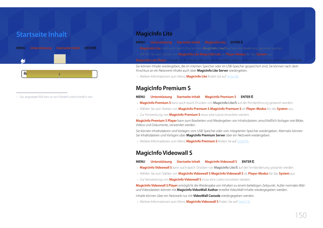 Samsung LH75MECPLGC/EN manual Startseite Inhalt, 150, MagicInfo Lite, MagicInfo Premium S, MagicInfo Videowall S 