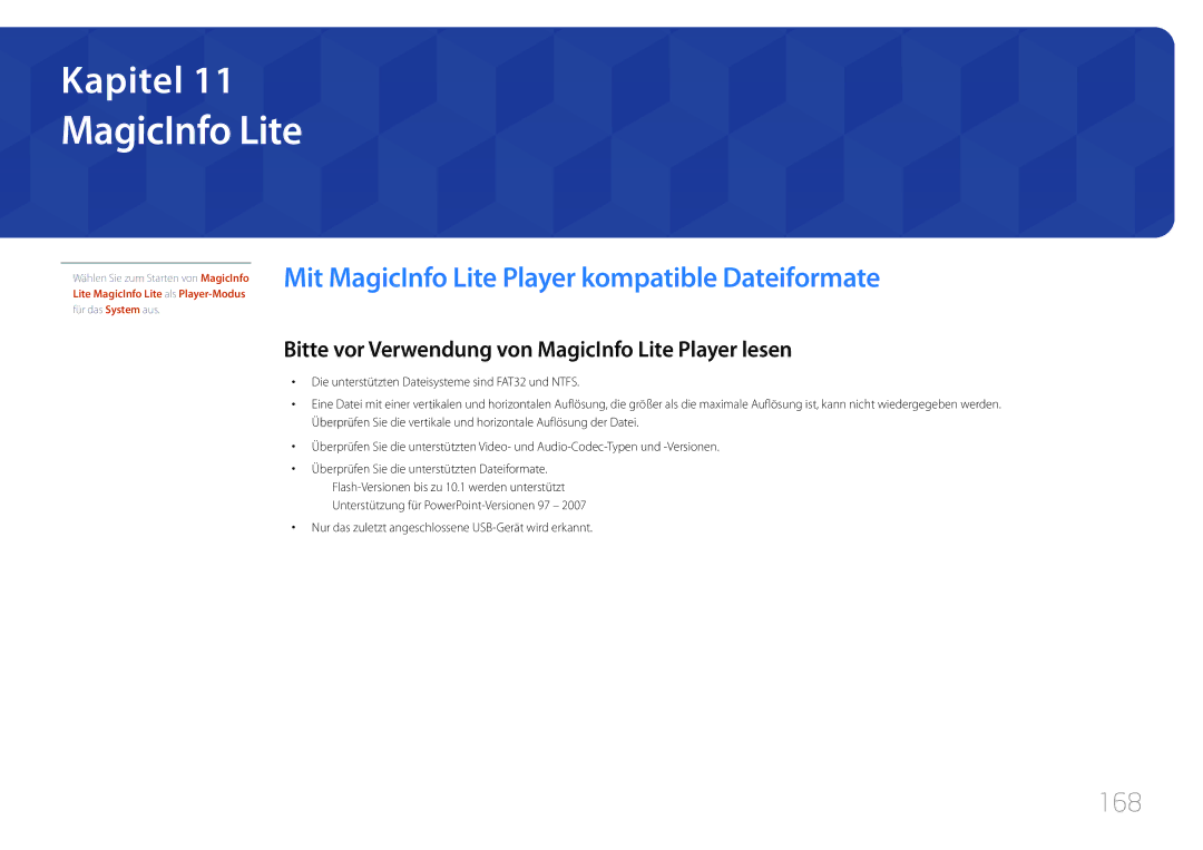 Samsung LH75MECPLGC/EN manual Mit MagicInfo Lite Player kompatible Dateiformate, 168 