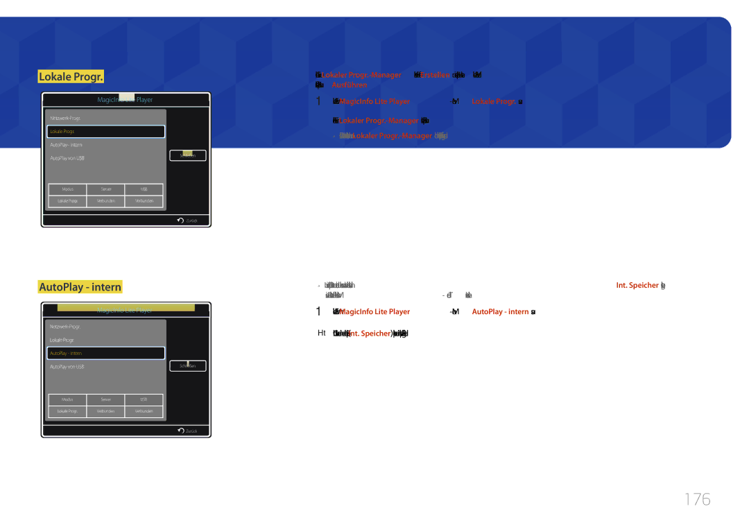 Samsung LH75MECPLGC/EN manual 176, AutoPlay intern, Wählen Sie im MagicInfo Lite Player-MenüLokale Progr. aus 