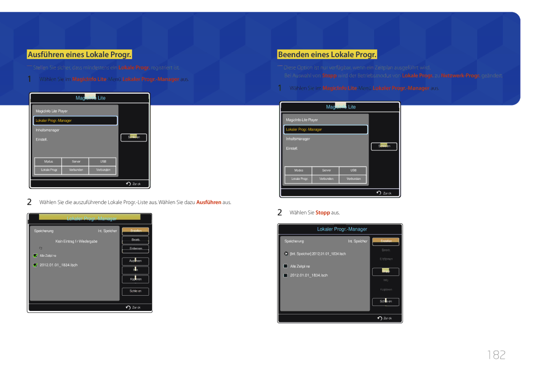 Samsung LH75MECPLGC/EN manual 182, Ausführen eines Lokale Progr, Beenden eines Lokale Progr 