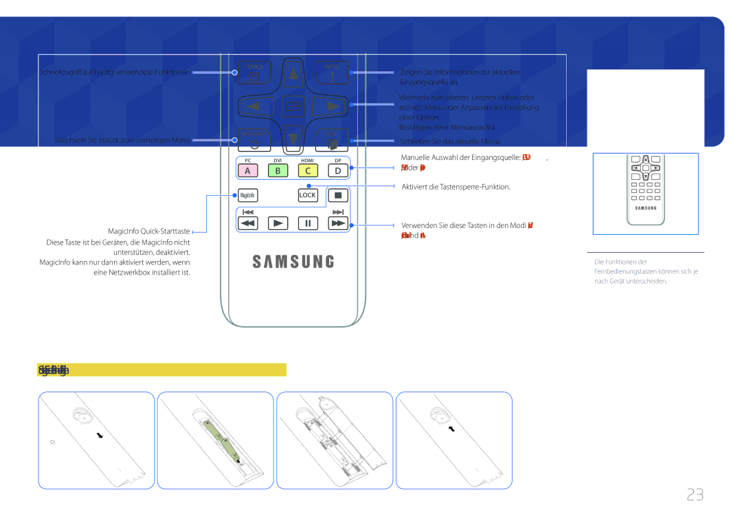 Samsung LH75MECPLGC/EN manual So legen Sie die Batterien in die Fernbedienung ein, Wechseln Sie zurück zum vorherigen Menü 