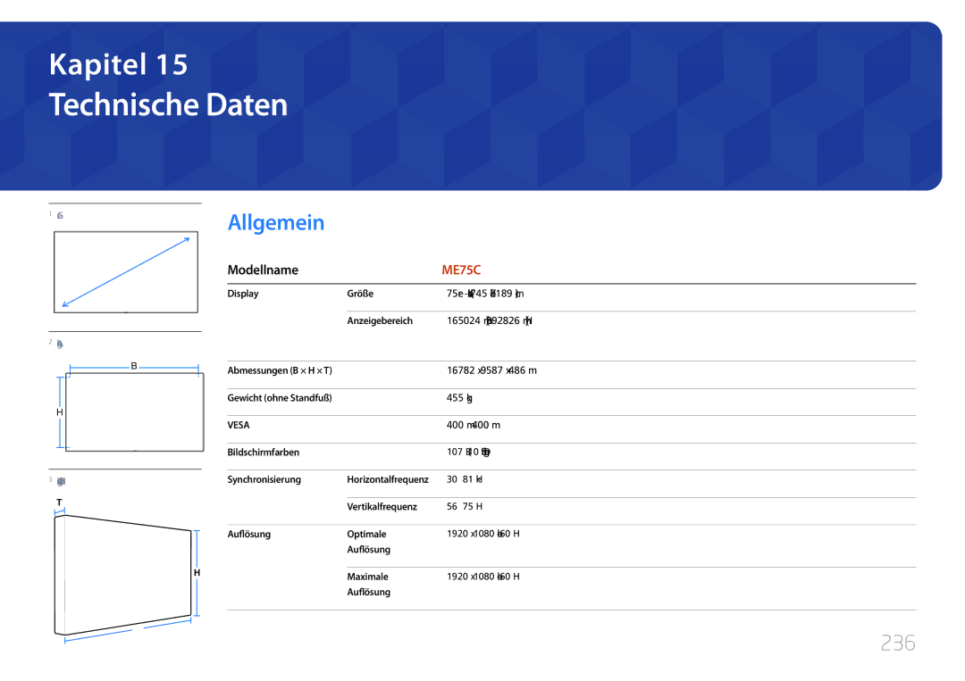 Samsung LH75MECPLGC/EN manual Technische Daten, 236 