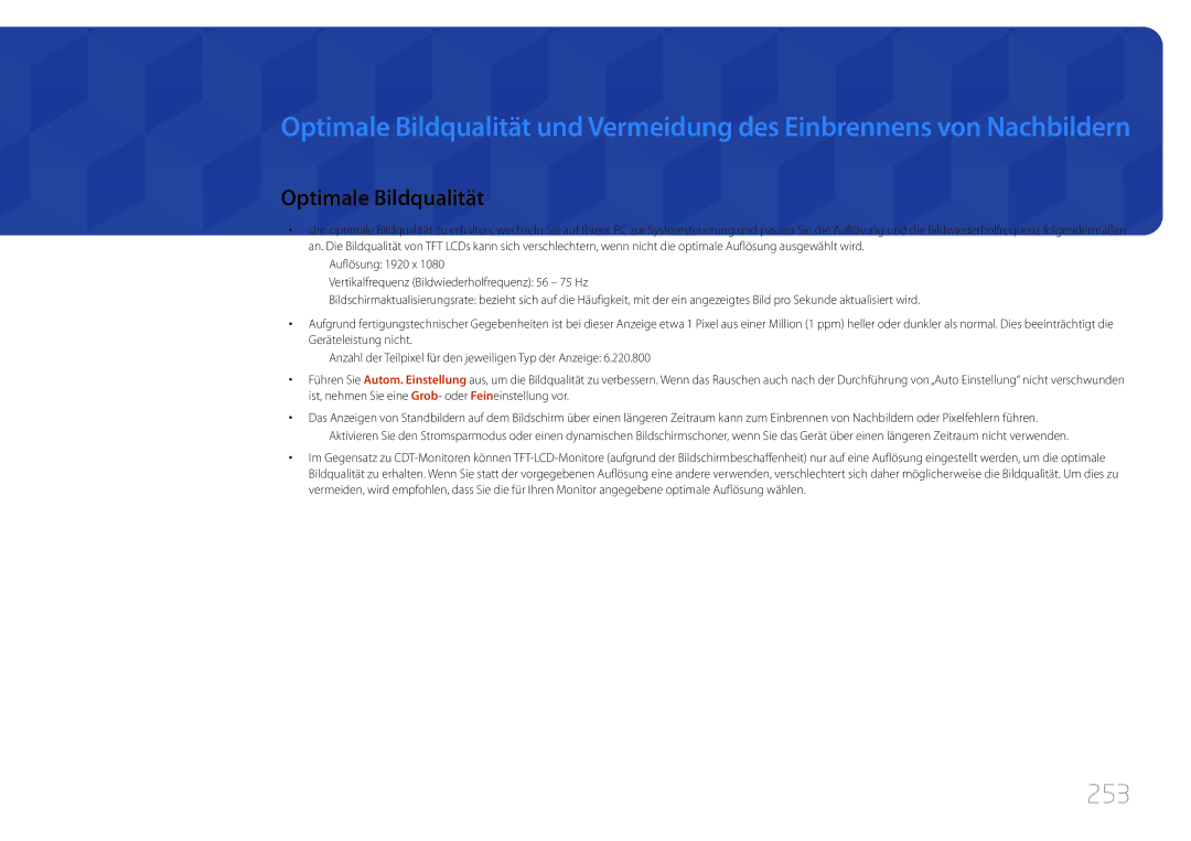 Samsung LH75MECPLGC/EN manual 253, Optimale Bildqualität 