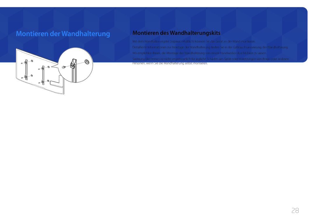 Samsung LH75MECPLGC/EN manual Montieren der Wandhalterung, Montieren des Wandhalterungskits 