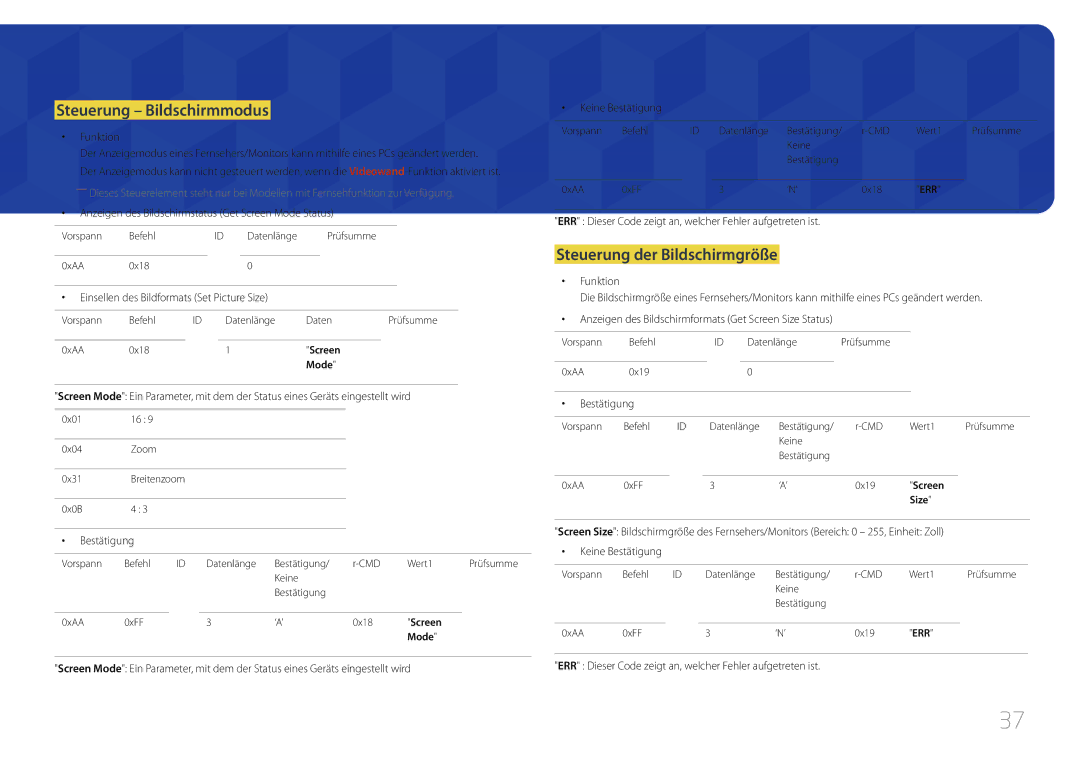 Samsung LH75MECPLGC/EN manual Steuerung Bildschirmmodus, Steuerung der Bildschirmgröße 