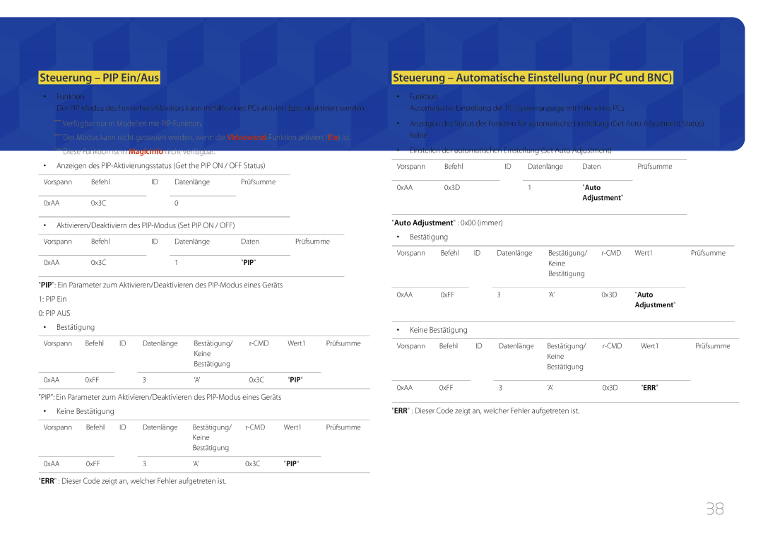 Samsung LH75MECPLGC/EN manual Steuerung PIP Ein/Aus, Steuerung Automatische Einstellung nur PC und BNC 