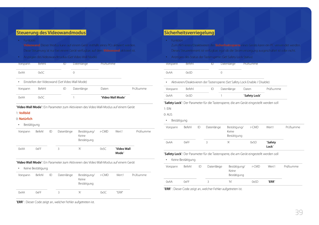 Samsung LH75MECPLGC/EN manual Steuerung des Videowandmodus, Sicherheitsverriegelung, Vollbild Natürlich 