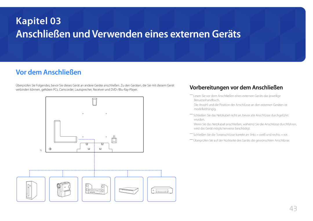 Samsung LH75MECPLGC/EN manual Anschließen und Verwenden eines externen Geräts, Vor dem Anschließen 