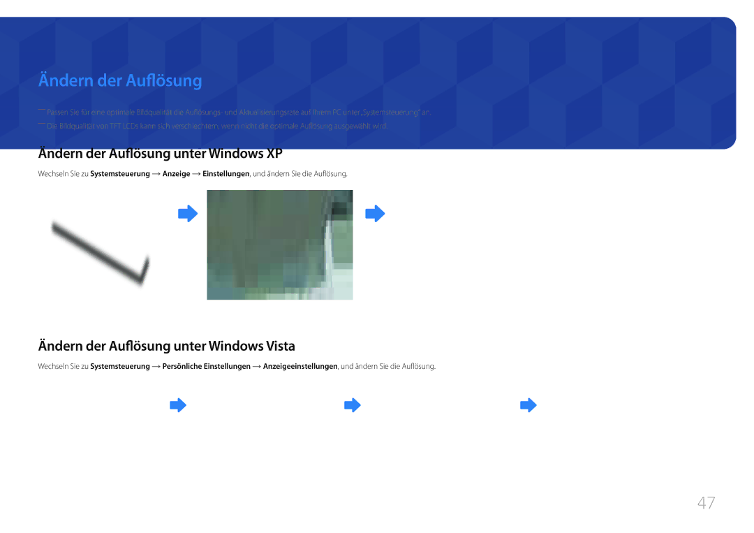 Samsung LH75MECPLGC/EN manual Ändern der Auflösung unter Windows XP, Ändern der Auflösung unter Windows Vista 