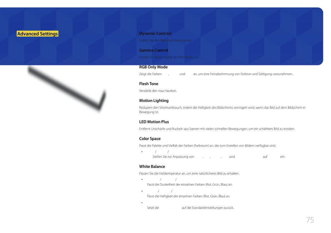 Samsung LH75MECPLGC/EN manual Stellen Sie den Bildschirmkontrast ein, Passen Sie die Intensität der Primärfarbe an 