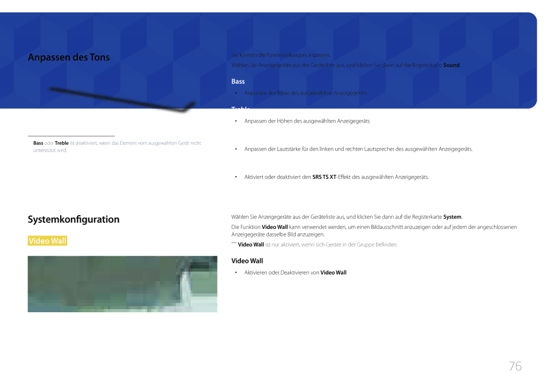 Samsung LH75MECPLGC/EN manual Anpassen des Tons, Systemkonfiguration, Anpassen der Bässe des ausgewählten Anzeigegeräts 