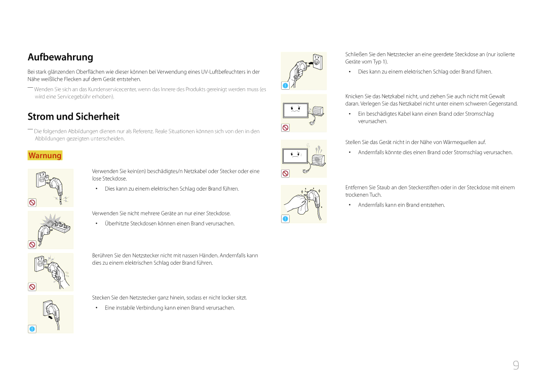 Samsung LH75MECPLGC/EN manual Aufbewahrung, Strom und Sicherheit 