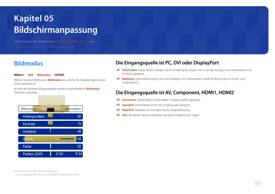 Samsung LH75MECPLGC/EN manual Bildschirmanpassung, Bildmodus, Die Eingangsquelle ist PC, DVI oder DisplayPort 