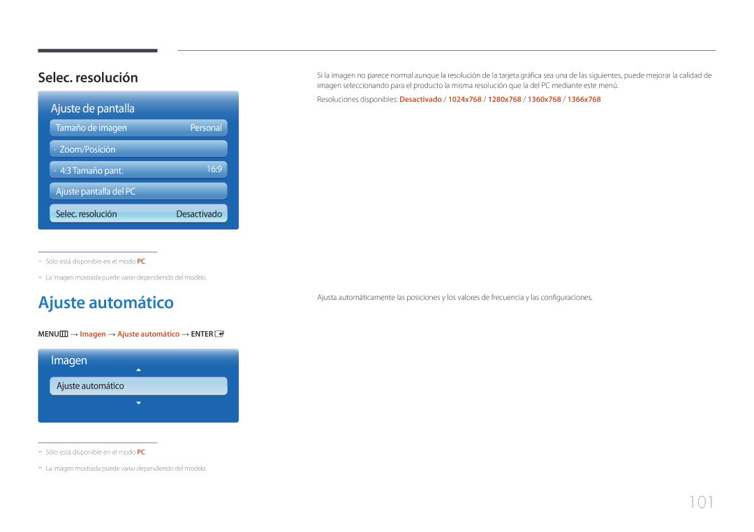 Samsung LH75MECPLGC/EN manual 101, Selec. resolución, MENUm → Imagen → Ajuste automático → Entere 