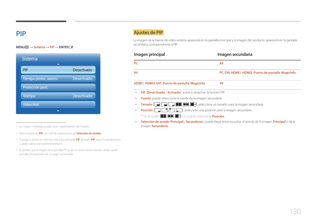 Samsung LH75MECPLGC/EN manual 130, Ajustes de PIP, Imagen principal Imagen secundaria, Tamaño 